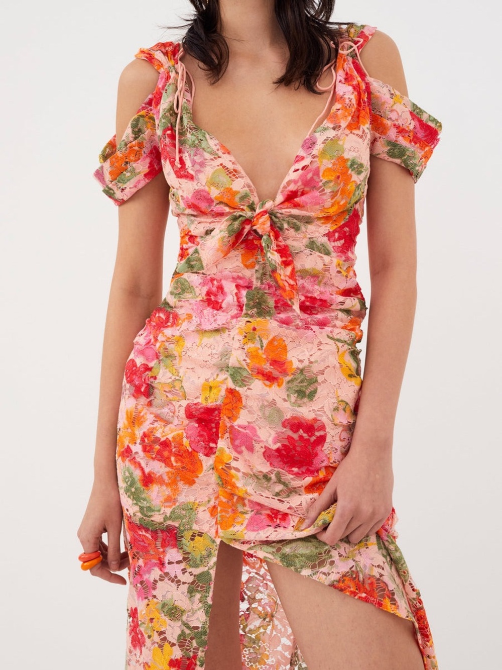 For Love & Lemons Beth Floral Lace Midi Dress Pink Red Orange Romantic Size L
